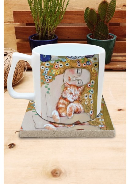 Kediler ve Sanat/gustav Klimt Danae Set 10 - Yelken Fincan Kupa-Taş Bardak Altlığı 3
