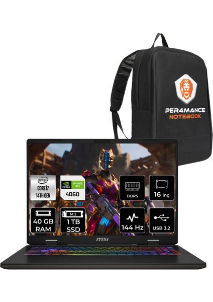 Msı Sword 16 Hx Intel Core I7 14700HX 40GB 1tb SSD RTX4060/8GB 16" Fhd+ 144Hz Fdos Taşınabilir Bilgisayar & Per4 Çanta B14VFKG061XTRP323