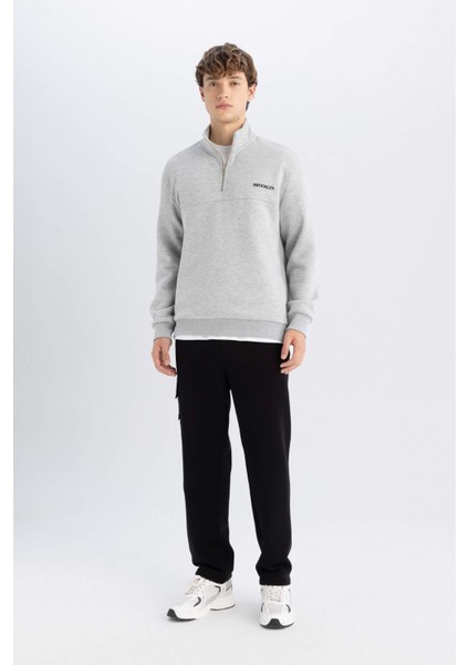 Relax Fit Fermuarlı Dik Yaka Baskılı Kalın Sweatshirt D2165AX24AU
