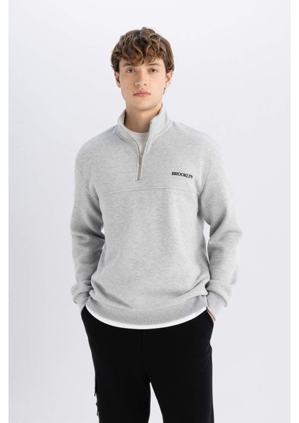 Relax Fit Fermuarlı Dik Yaka Baskılı Kalın Sweatshirt D2165AX24AU