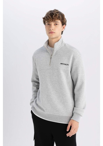 Relax Fit Fermuarlı Dik Yaka Baskılı Kalın Sweatshirt D2165AX24AU