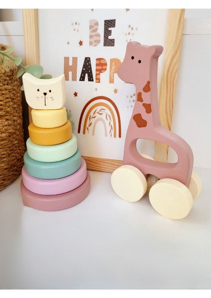 Bebeğimin Ilk Oyuncakları Ahşap Dekor Oyuncak Sevimli Zürafa (Pudra) ve Kedili Halka Kule(Pembe)