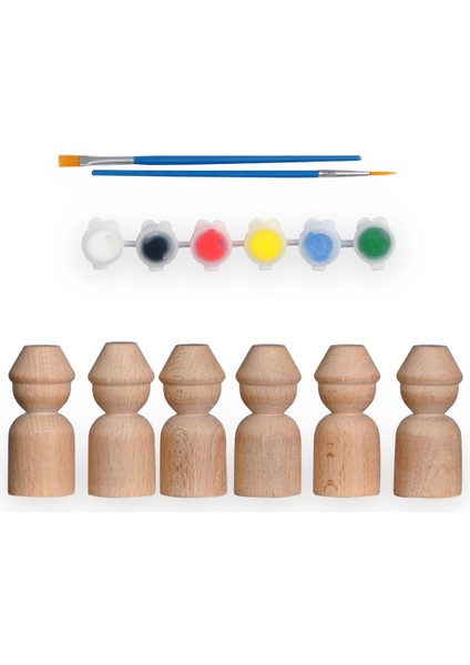 Montessori Toys Ahşap El Yapımı Peg Bebek 6'lı Boyama Seti Fırça Boya Dahil -PEG14-7,5CM