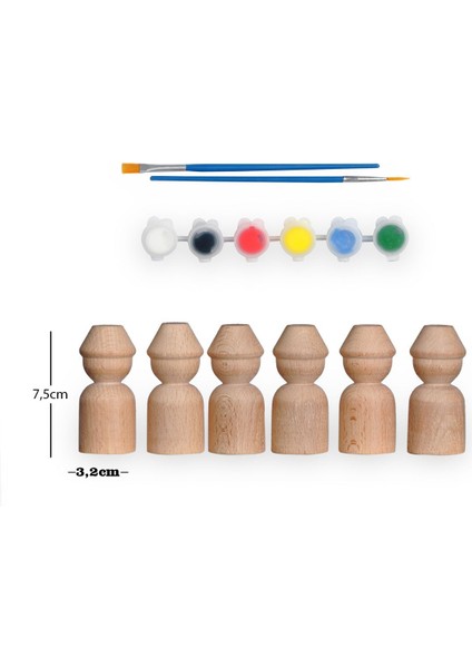Montessori Toys Ahşap El Yapımı Peg Bebek 6'lı Boyama Seti Fırça Boya Dahil -PEG14-7,5CM