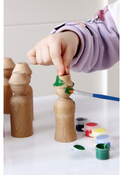 Montessori Toys Ahşap El Yapımı Peg Bebek 6'lı Boyama Seti Fırça Boya Dahil -PEG14-7,5CM