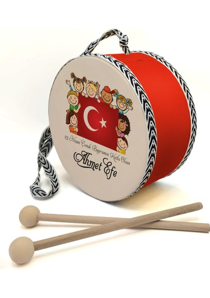 Bayraklı_çocuklu , Kırmızı , Gerçek Deri Çocuk Davulu