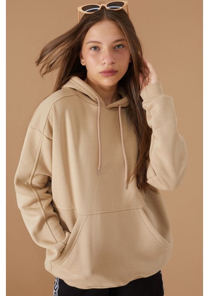 Kız Çocuk Bej Basic Uzun Kol Şardonlu Kapüşonlu Sweatshirt 19192