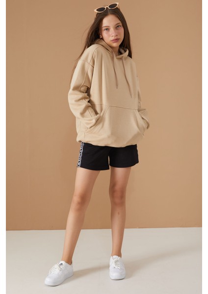Kız Çocuk Bej Basic Uzun Kol Şardonlu Kapüşonlu Sweatshirt 19192 fiyatları