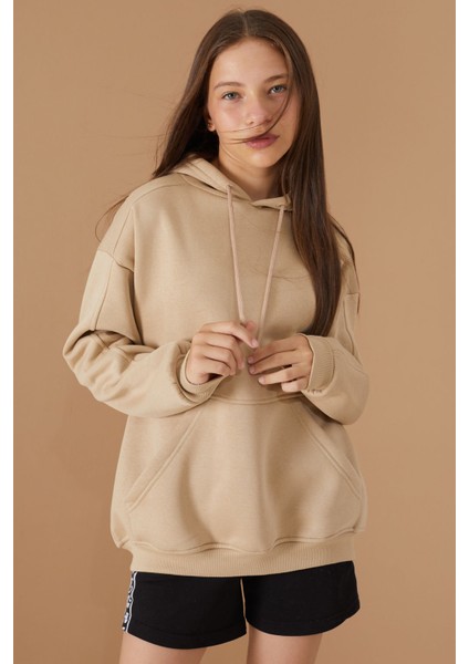 Kız Çocuk Bej Basic Uzun Kol Şardonlu Kapüşonlu Sweatshirt 19192 modelleri