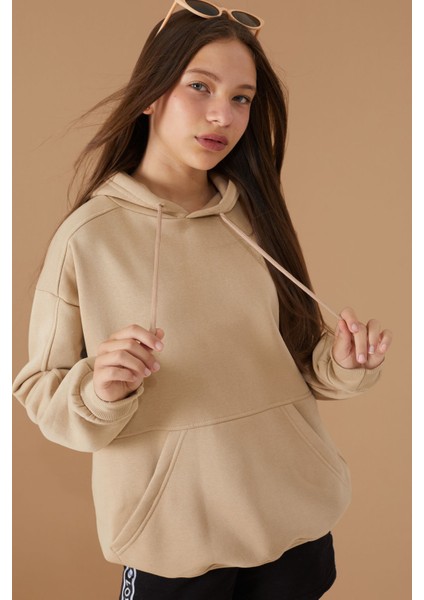 Kız Çocuk Bej Basic Uzun Kol Şardonlu Kapüşonlu Sweatshirt 19192 fırsatları