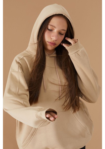 Kız Çocuk Bej Basic Uzun Kol Şardonlu Kapüşonlu Sweatshirt 19192 indirimleri