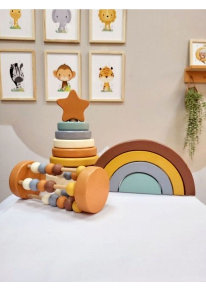 Yıldız Halka Kule Set (Halka Kule + Abaküs + Gökkuşağı )Ahşap Oyuncak Dekor Montessori Oyuncak
