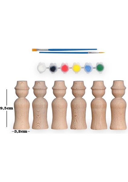 Montessori Toys Ahşap El Yapımı Peg Bebek 6'lı Boyama Seti Fırça Boya Dahil -PEG11-9,5CM