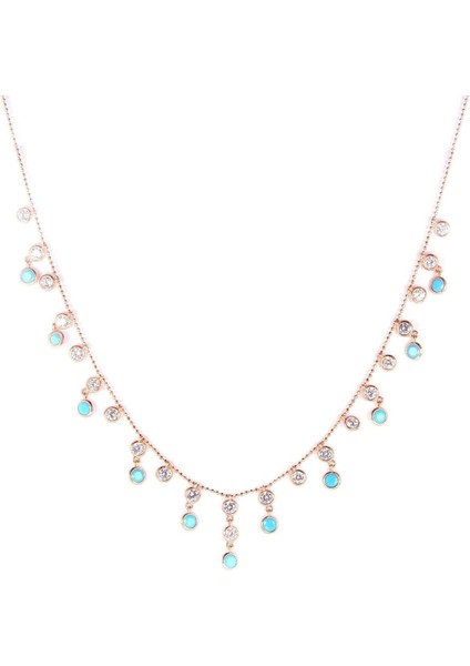 Turkuaz taşlı kadın zincirli şık kolye, zarif ve renkli takı, 925 ayar, zirkon, beyaz