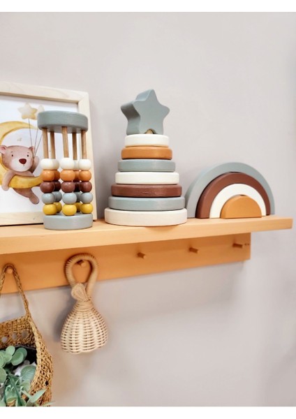 Yıldız Halka Kule Set (Halka Kule + Abaküs + Gökkuşağı )Ahşap Oyuncak Dekor Montessori Oyuncak