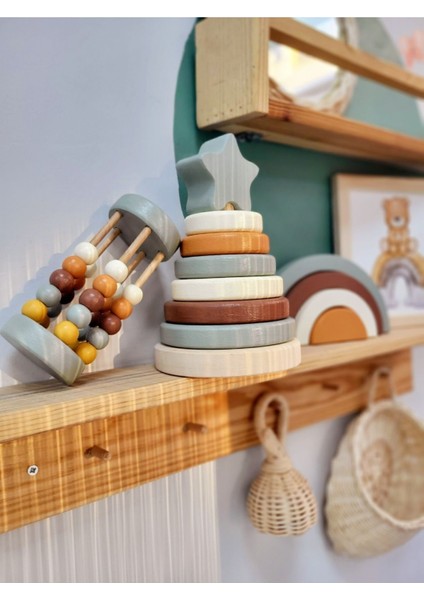 Yıldız Halka Kule Set (Halka Kule + Abaküs + Gökkuşağı )Ahşap Oyuncak Dekor Montessori Oyuncak