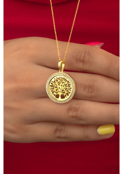 Hayat Ağacı Sıra Taşlı Gümüş Kolye, Zarif ve Şık Takı, Altın Kaplama modelleri