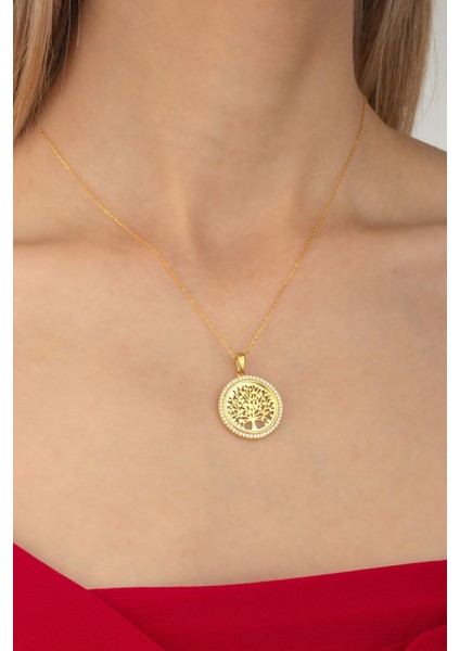 Hayat Ağacı Sıra Taşlı Gümüş Kolye, Zarif ve Şık Takı, Altın Kaplama fırsatları