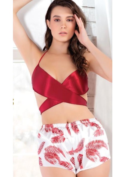 Saten Kadın Kırmızı Şık Tasarım Şortlu Çok Rahat Gecelik Pijama Takımı 2li