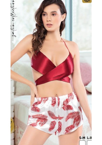 Saten Kadın Kırmızı Şık Tasarım Şortlu Çok Rahat Gecelik Pijama Takımı 2li