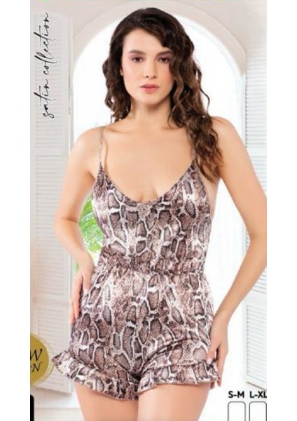 Leopar Desenli Saten Ince Askılı Şortlu Kısa Kadın Pijama Gecelik Takımı