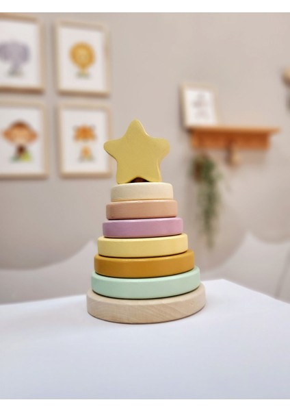 Yıldız Halka Kule Ahşap Oyuncak Dekor Montessori Oyuncak Eğitici Oyuncak