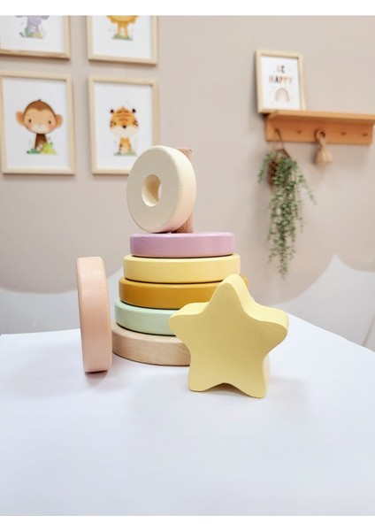 Yıldız Halka Kule Ahşap Oyuncak Dekor Montessori Oyuncak Eğitici Oyuncak