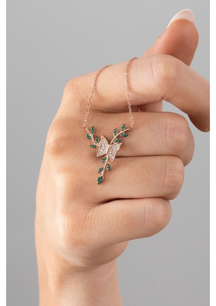 925 Ayar Gümüş Kanatlı Kelebek Kolye, Zarif ve Şık Takı, Pembe Zirkon Taşlı