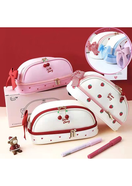 Kawaii Kalem Kutusu Büyük Kapasiteli Çift Katmanlı Pu Su Geçirmez Kalem Kutusu Okul Kırtasiye Malzemeleri Sevimli Kozmetik Çantası (Yurt Dışından)