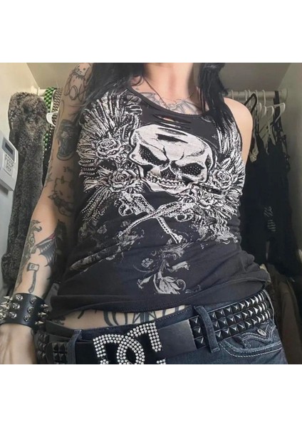 Siyah Gotik Vintage Skull Wings Cyber Grunge Full Body Askılı Crop