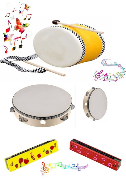 Çocuk Müzik Zamanı 3 Lü Set - Ahşap Deri Davul, Ahşap Mızıka, Ahşap El Tefi