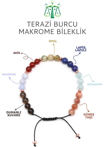 Terazi Burcu Taşlarından Oluşan Doğal Taş Makrome Bileklik 6 mm Küre Kesim - Burç Bilekliği