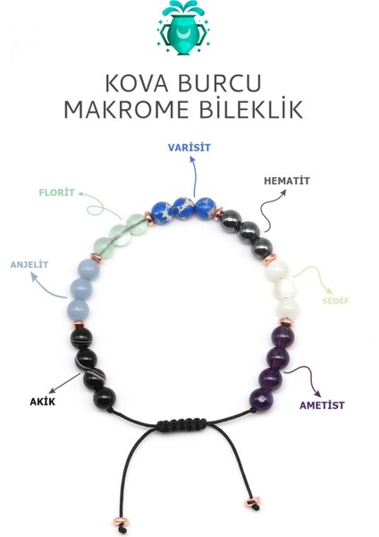 Kova Burcu Taşlarından Oluşan Doğal Taş Makrome Bileklik 6 mm Küre Kesim - Burç Bilekliği