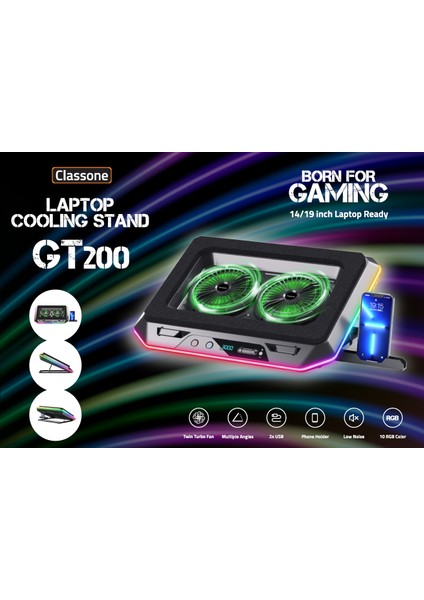 Gaming GT200 Laptop Soğutucu Notebook Stand,10 Rgb Işık Kontrolü , 15.6 -17 Inch , Hız Kontrolü , 2 Büyük Fan ,telefon Standı, 2 USB