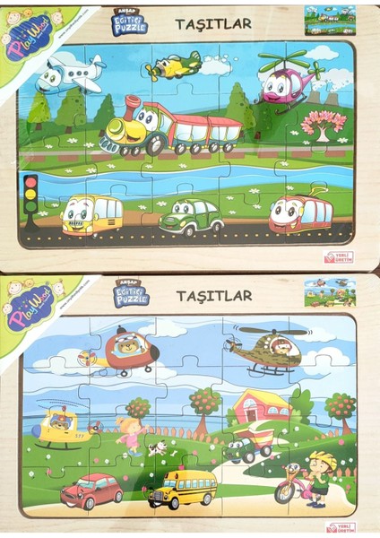 Ahşap Eğitici Puzzle 2 Adet 24X34 cm 20 Parça -Taşıtlar
