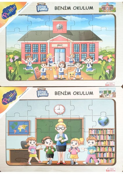 Ahşap Eğitici Puzzle 2 Adet 34X24 cm 20 Parça - Benim Okulum