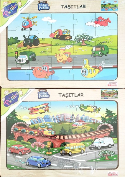 Ahşap Eğitici Puzzle 2 Adet 24X34 cm 20 Parça-Taşıtlar