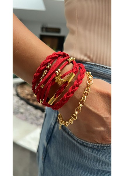 Kırmızı Süet ve Gold Detaylı Çoklu Kadın Bileklik Seti, Boncuk, Altın Kaplama