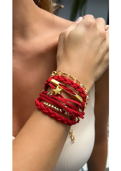 Kırmızı Süet ve Gold Detaylı Çoklu Kadın Bileklik Seti, Boncuk, Altın Kaplama modelleri
