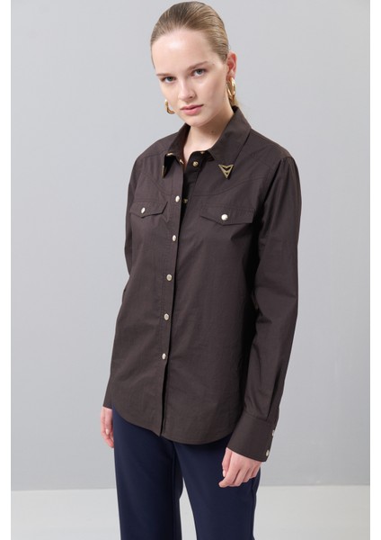 Çıtçıtlı Poplin Gömlek Kahve K2513522_005