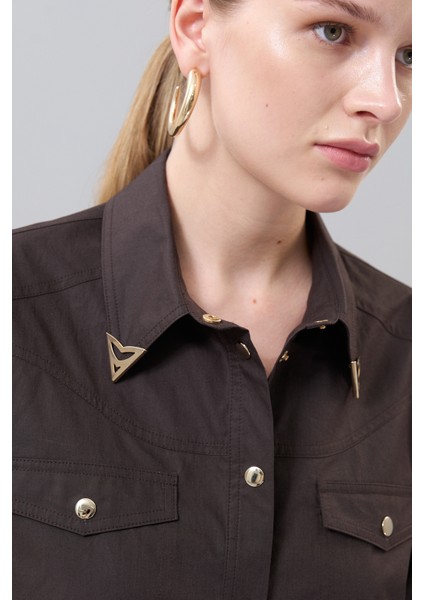 Çıtçıtlı Poplin Gömlek Kahve K2513522_005