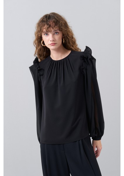 Volan Detaylı Balon Kol Crep Bluz Siyah K2513003_001