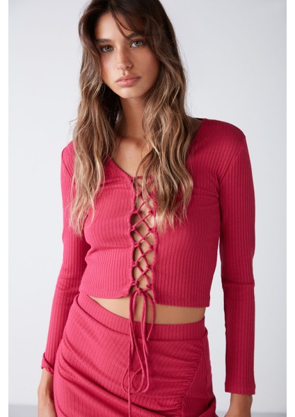 Agneska Kadın Triko Görünümlü Esnek Kumaşlı Çapraz Bağlamalı V Yaka Uzun Kol Crop Fuşya Bluz fırsatları