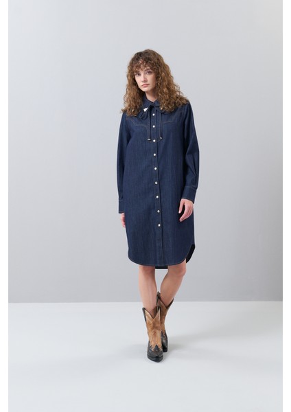Yakası Bağlama Detaylı Denim Elbise Lacivert K2511022_015