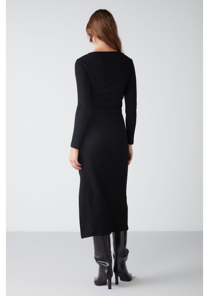 Agneska Kadın Triko Görünümlü Esnek Kumaşlı Çapraz Bağlamalı V Yaka Uzun Kol Crop Siyah Bluz modelleri