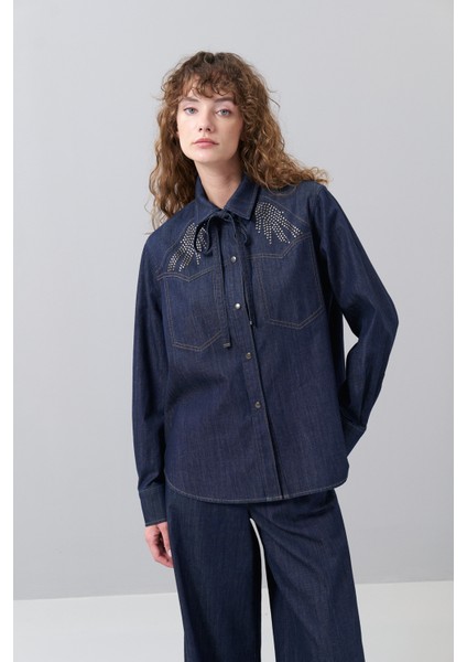 Yakası Bağlama Detaylı Denim Gömlek Lacivert K2513525_015