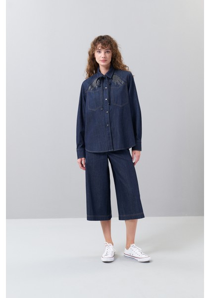 Yakası Bağlama Detaylı Denim Gömlek Lacivert K2513525_015 modelleri