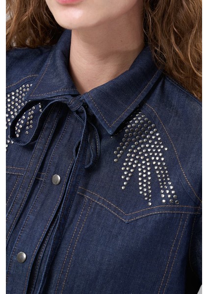 Yakası Bağlama Detaylı Denim Gömlek Lacivert K2513525_015 fırsatları
