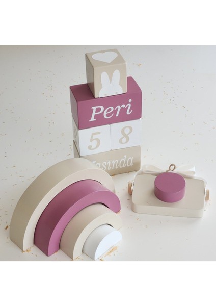 Isimli Anı Küpü Seti-Waldorf Gökkuşağı- Fotoğraf Makinesi Seti