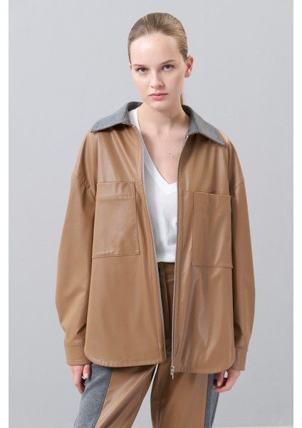 Yakası Örme Önü Fermuarlı Deri Ceket Gömlek Camel K2513518_035